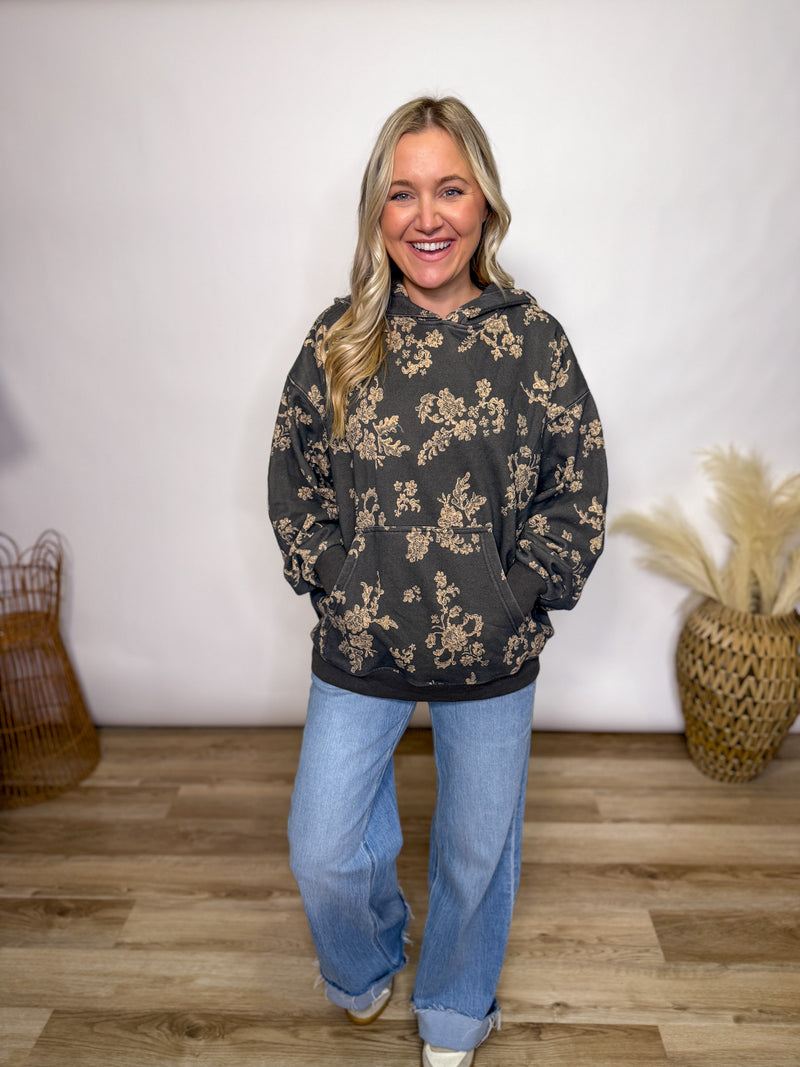Charcoal fleece lined floral print hoodie