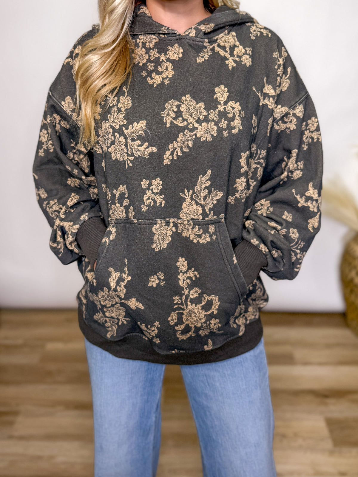 Charcoal fleece lined floral print hoodie