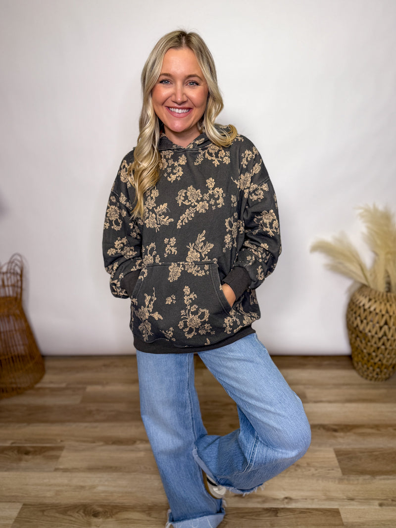 Charcoal fleece lined floral print hoodie