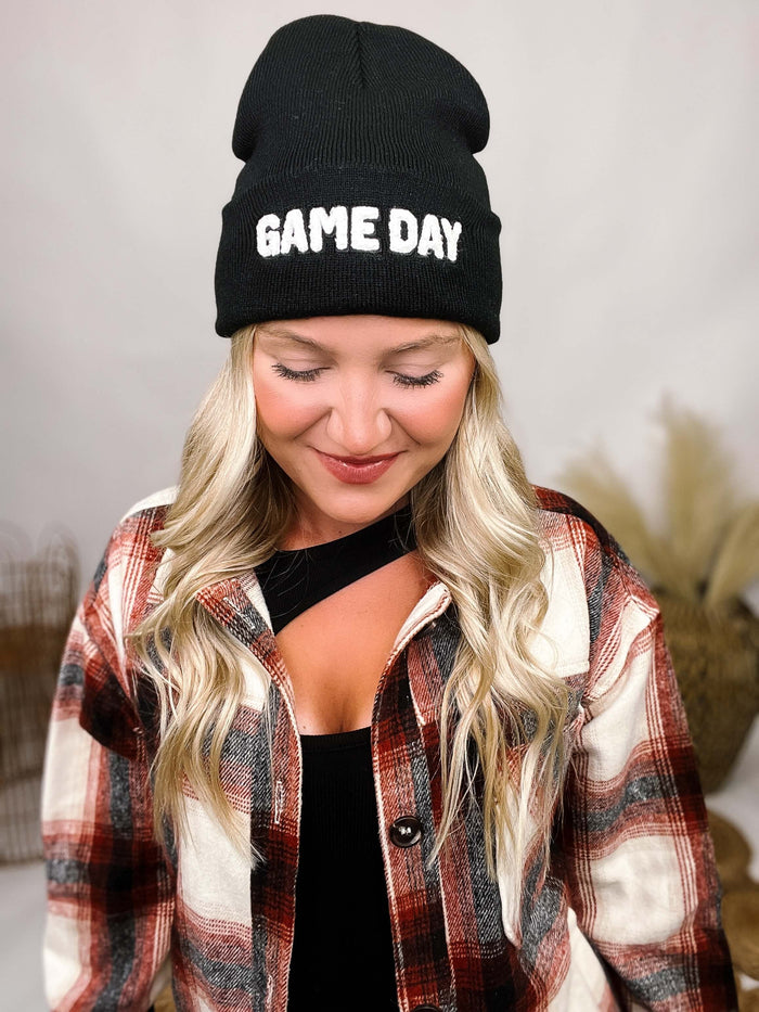 Game Day Chenille Patch Knit Black Beanie 100% Acrylic