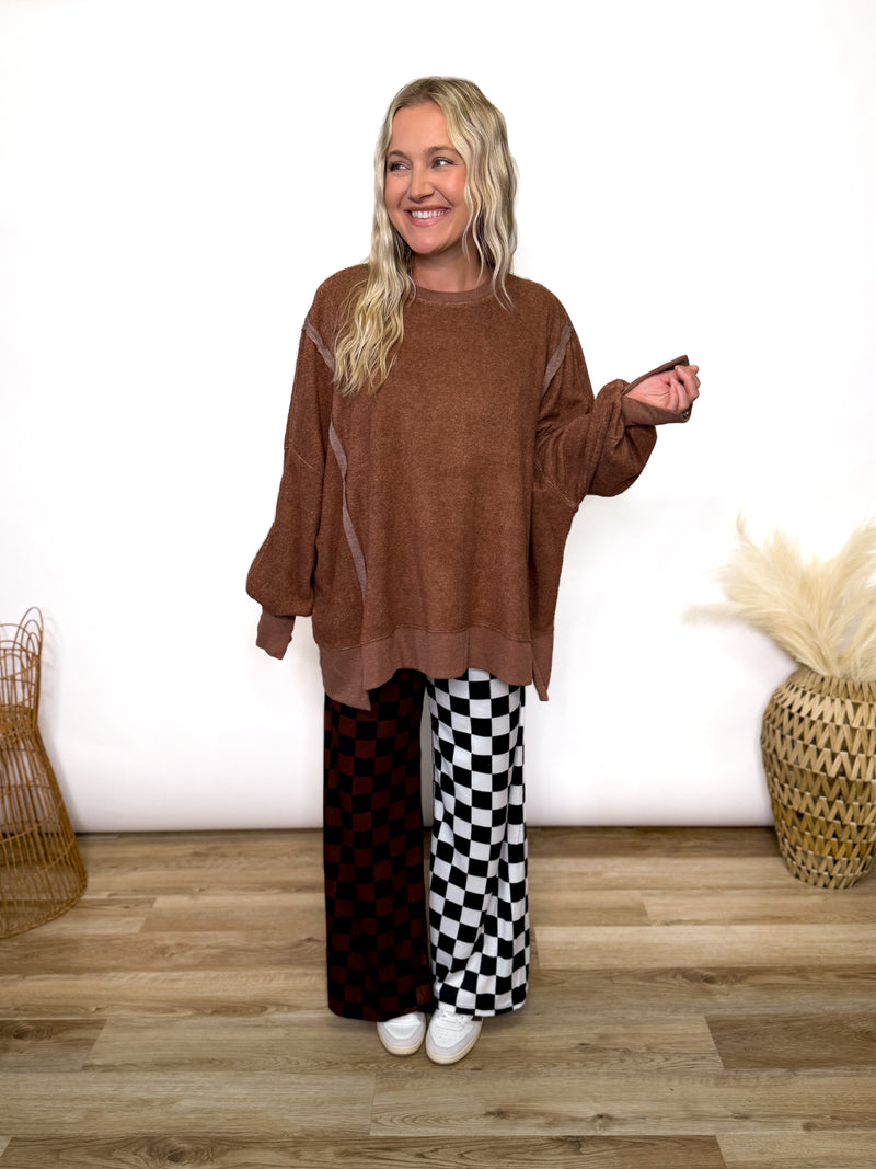 Chestnut Brown Oversized Crewneck Sweatshirt with fleece exterior and side and wrist slits