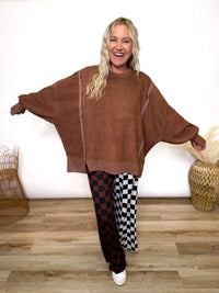 Chestnut Brown Oversized Crewneck Sweatshirt with fleece exterior and side and wrist slits
