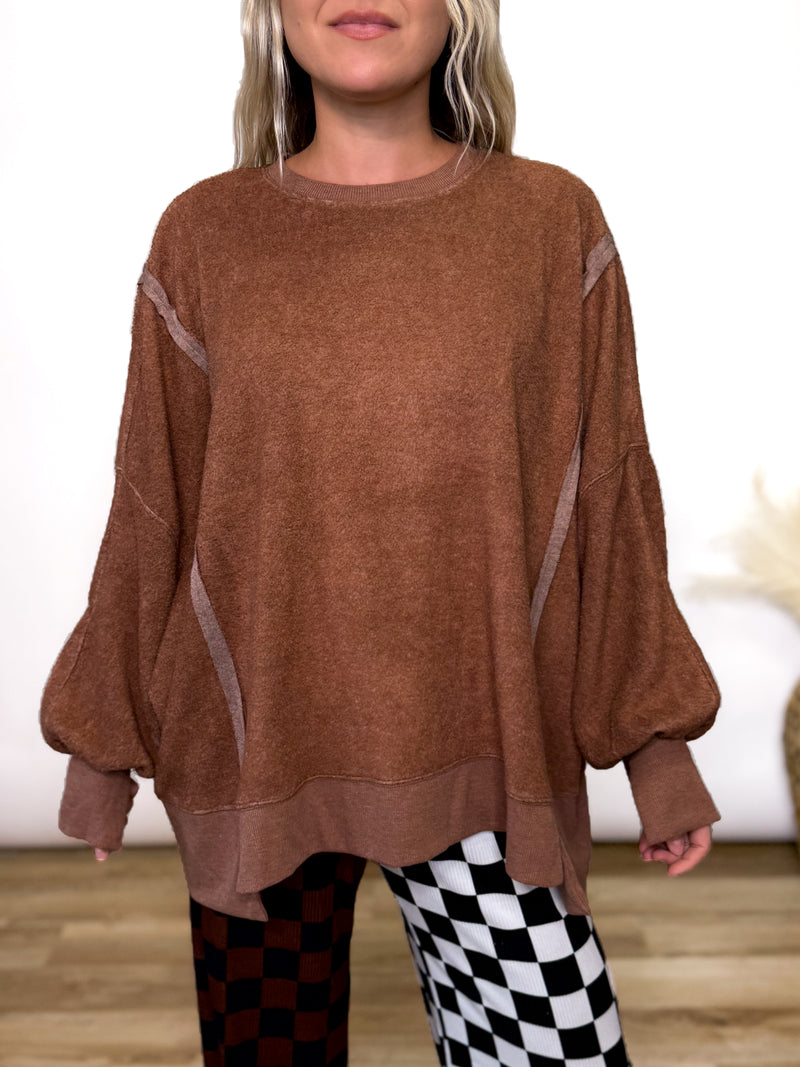 Chestnut Brown Oversized Crewneck Sweatshirt with fleece exterior and side and wrist slits