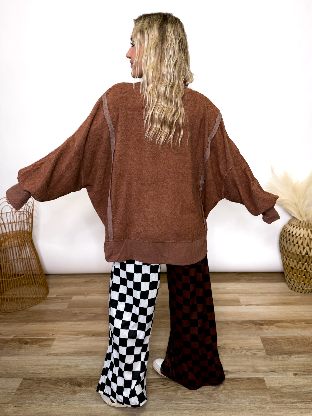 Chestnut Brown Oversized Crewneck Sweatshirt with fleece exterior and side and wrist slits