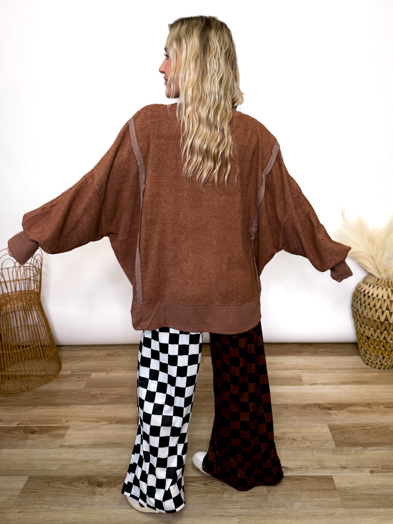 Chestnut Brown Oversized Crewneck Sweatshirt with fleece exterior and side and wrist slits