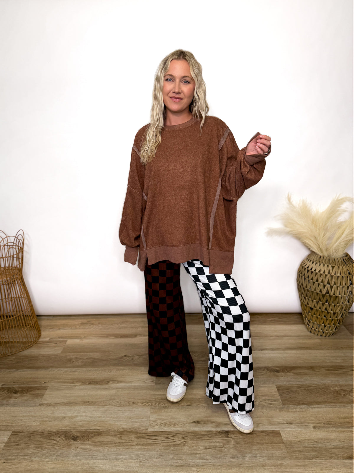 Chestnut Brown Oversized Crewneck Sweatshirt with fleece exterior and side and wrist slits