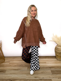 Chestnut Brown Oversized Crewneck Sweatshirt with fleece exterior and side and wrist slits