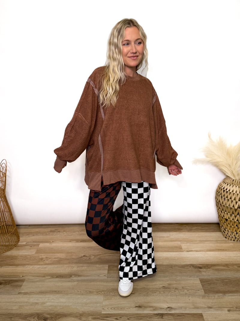 Chestnut Brown Oversized Crewneck Sweatshirt with fleece exterior and side and wrist slits