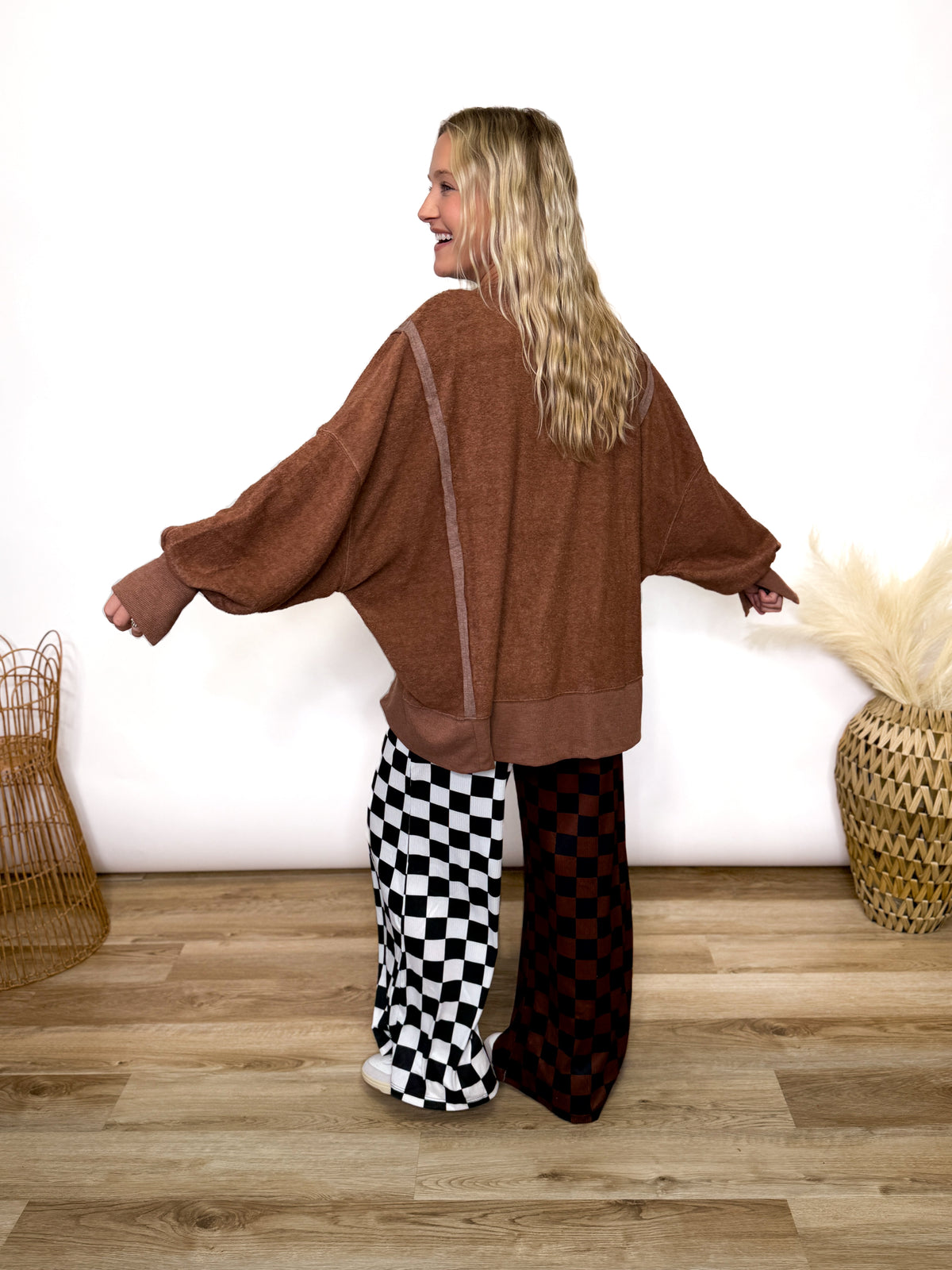 Chestnut Brown Oversized Crewneck Sweatshirt with fleece exterior and side and wrist slits