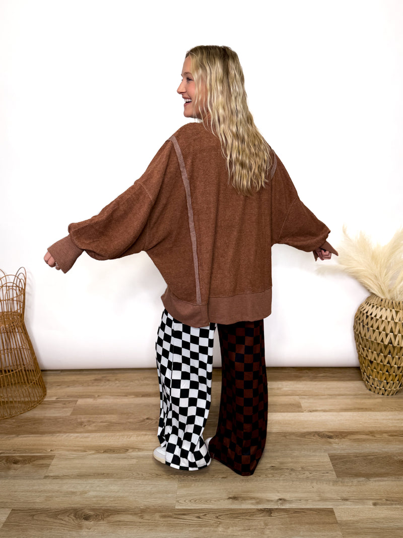 Chestnut Brown Oversized Crewneck Sweatshirt with fleece exterior and side and wrist slits