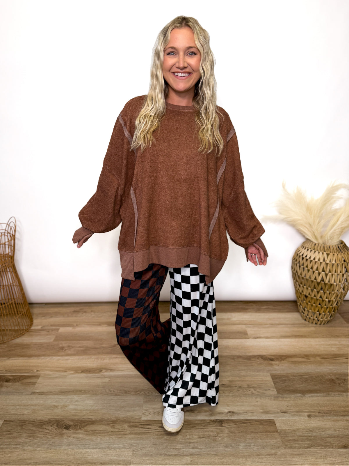 Chestnut Brown Oversized Crewneck Sweatshirt with fleece exterior and side and wrist slits