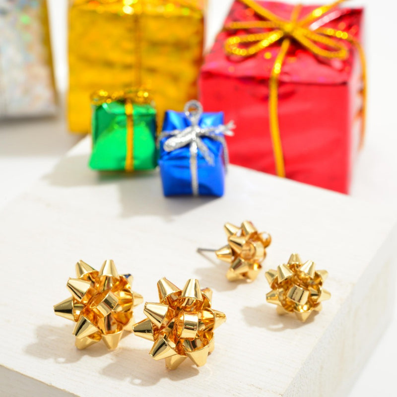 Gold Toned Christmas Bow Stud Earrings Approximately .75" in Diameter