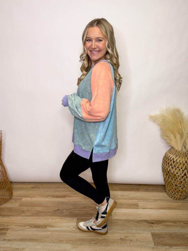 Cloud Pop Mineral Washed Colorblock Oversized Pullover