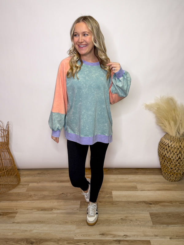 Cloud Pop Mineral Washed Colorblock Oversized Pullover
