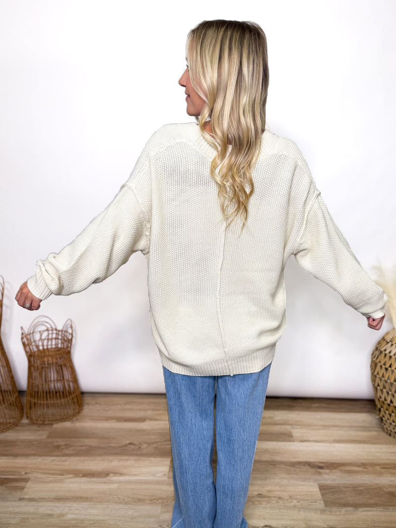 cream oversized button up cardigan with v neck and front pockets styled for fall layering