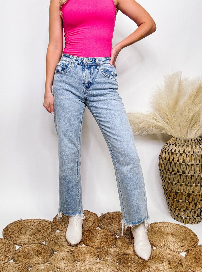 High Rise Light Wash Dad Jeans Cropped Length Distressed/Raw Hem Detail Vervet by Flying Monkey Comfort Stretch 99% Cotton, 1% Spandex 10 1/4" Rise, 27" Inseam