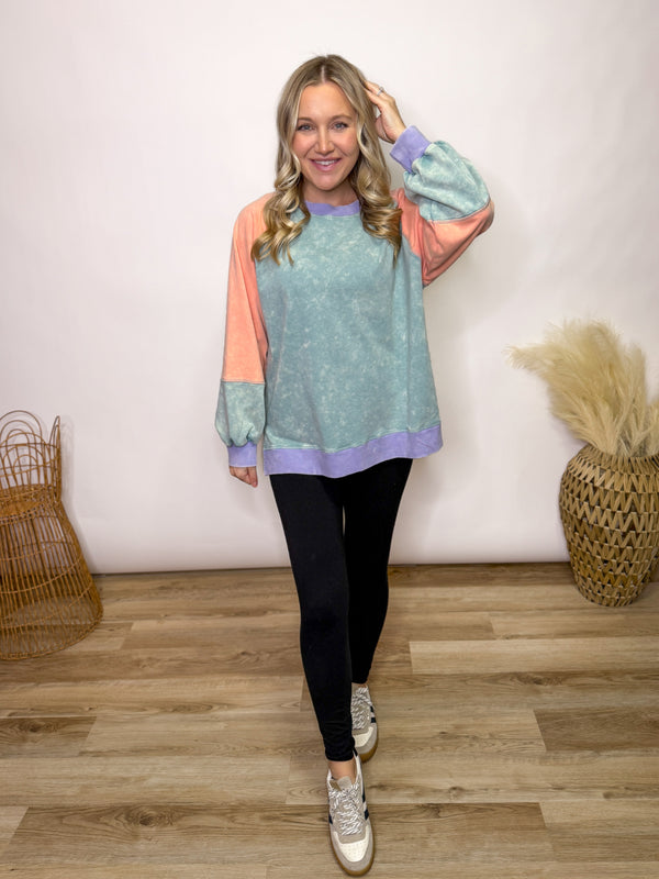 Cloud Pop Mineral Washed Colorblock Oversized Pullover