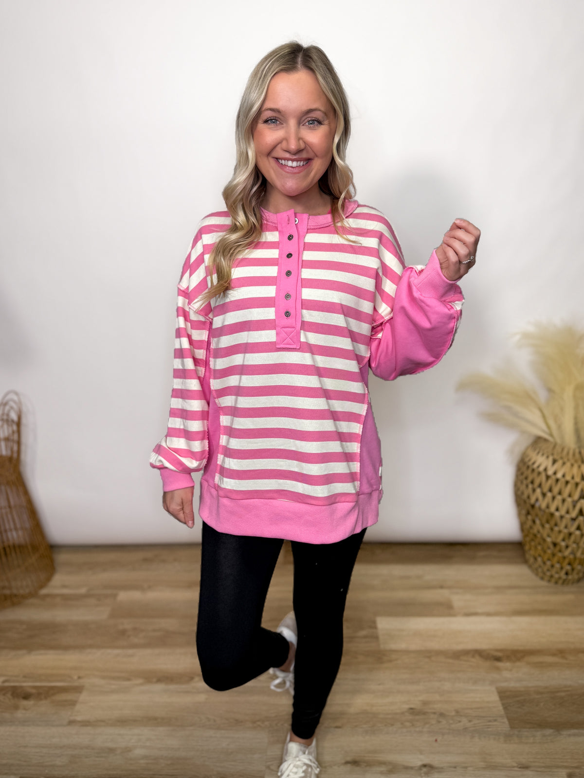 Pink Striped Half Button Down Oversized Pullover