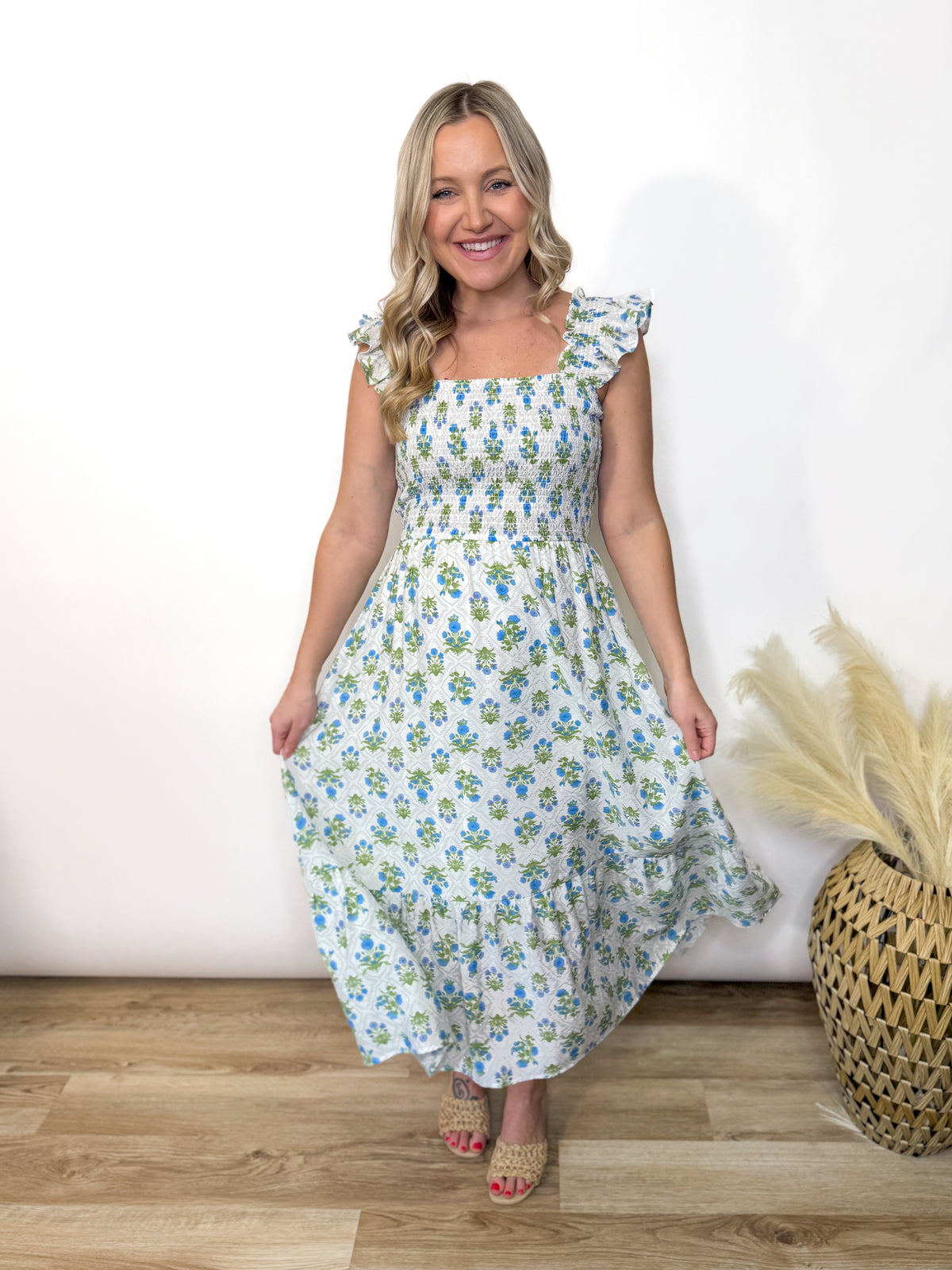 Azure Garden Boho Floral Smocked Midi Dress