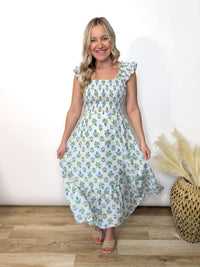 Azure Garden Boho Floral Smocked Midi Dress