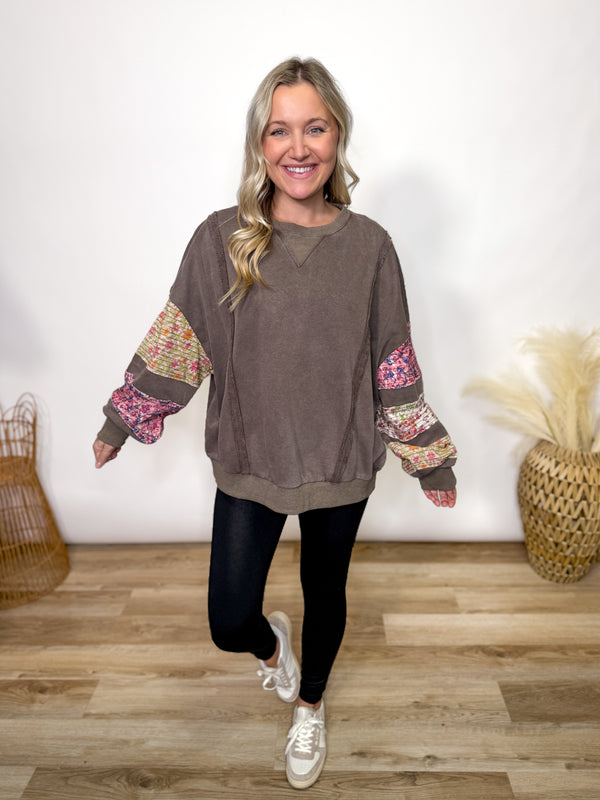 Mocha Mineral Washed Floral Patchwork Pullover