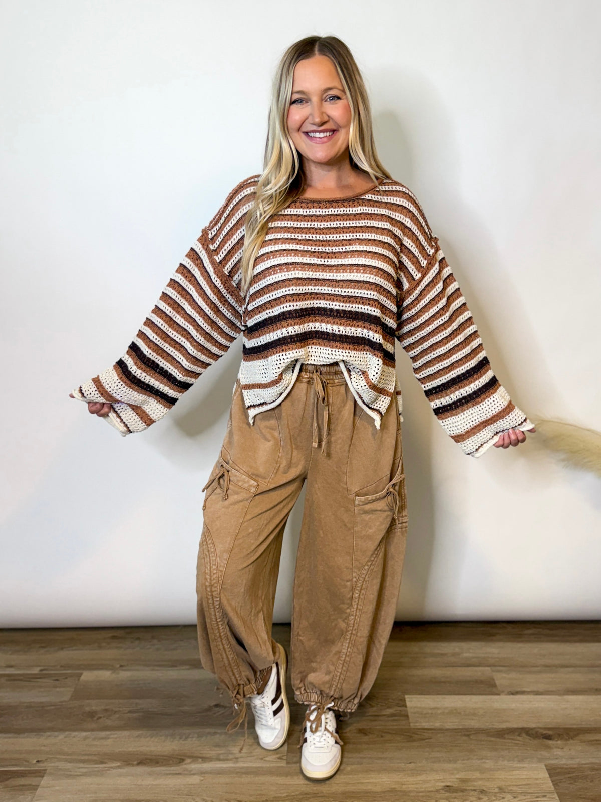 Brown Mocha Striped Crochet Sweater