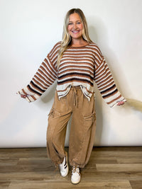 Brown Mocha Striped Crochet Sweater