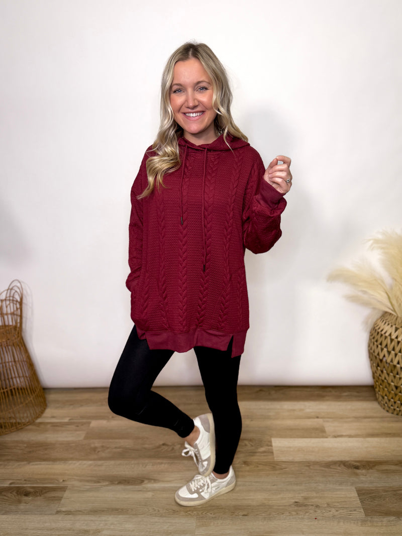Burgundy Oversized Cable Knit Hoodie