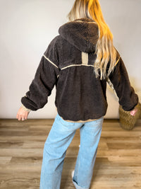 The Cabin Escape Dark Brown Colorblock Sherpa Hoodie Jacket