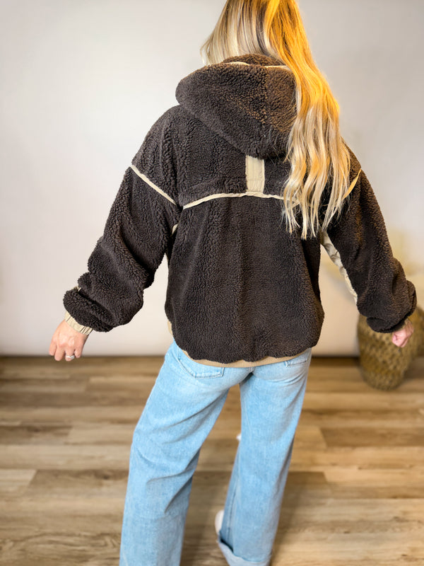 The Cabin Escape Dark Brown Colorblock Sherpa Hoodie Jacket