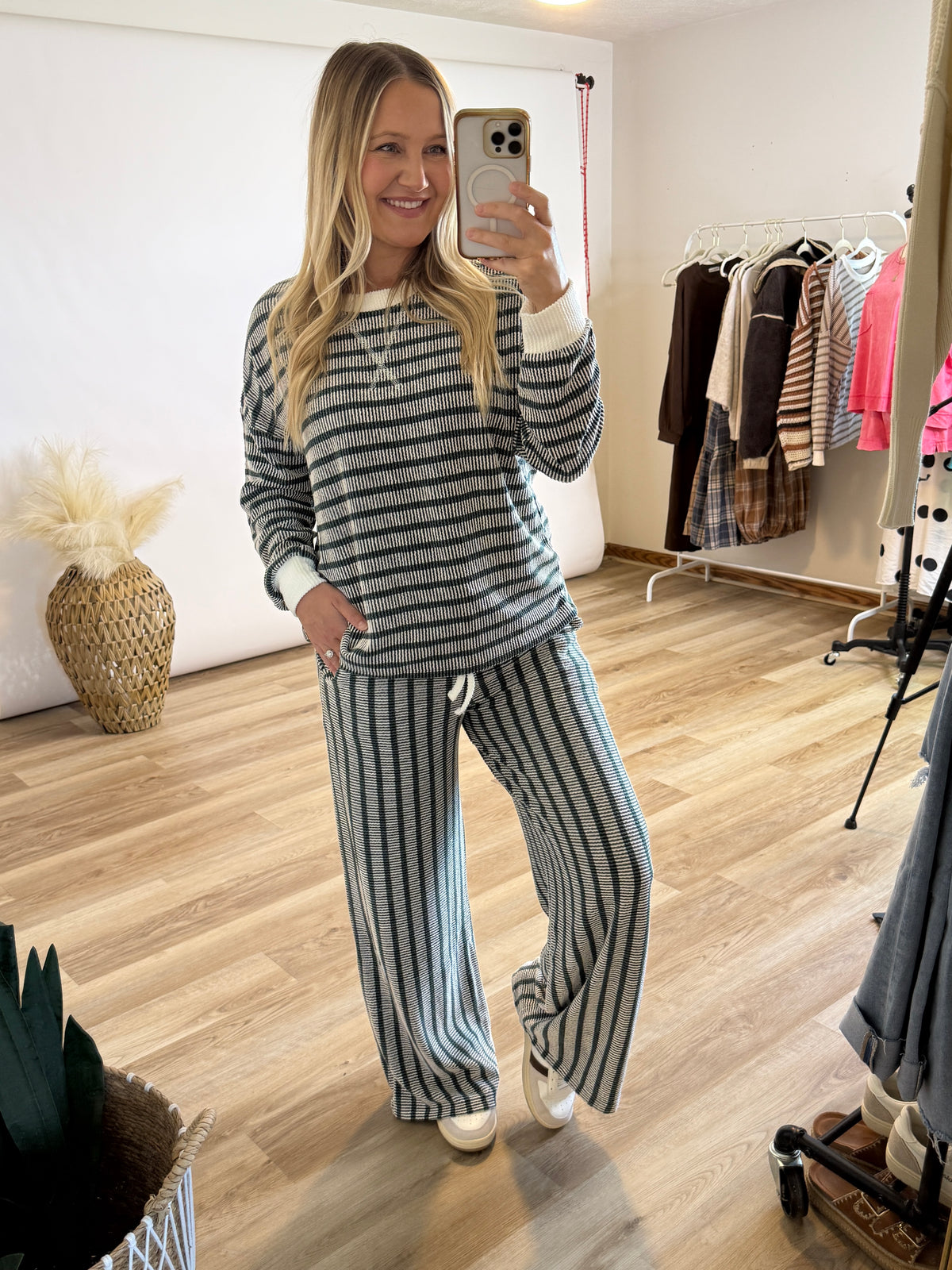Hunter Green Striped Ribbed Long Sleeve Top and Wide Leg Matching Set