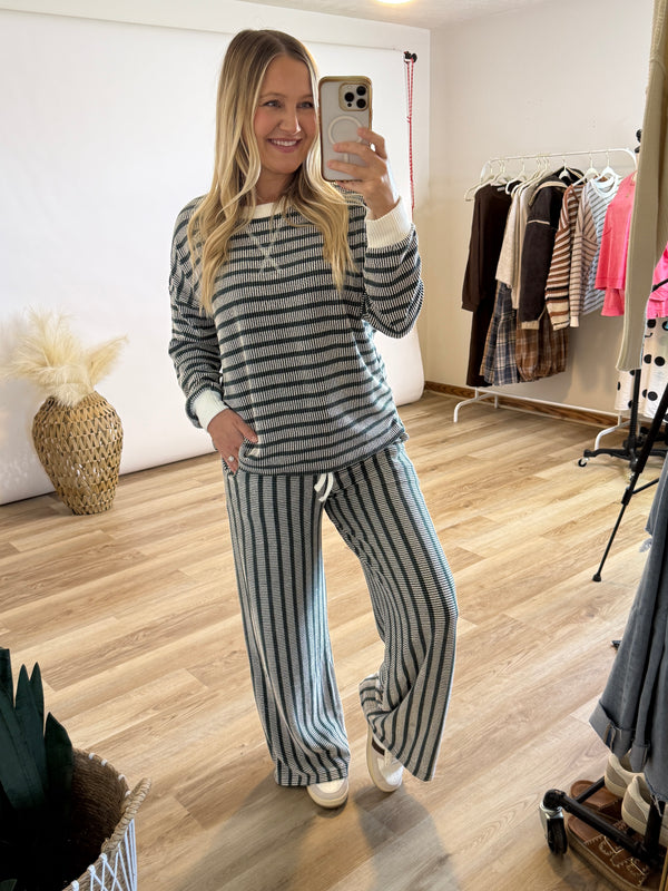 Hunter Green Striped Ribbed Long Sleeve Top and Wide Leg Matching Set