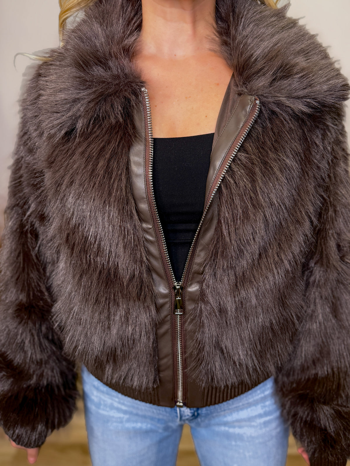 Brown Faux Fur Plush Zippered Jacket