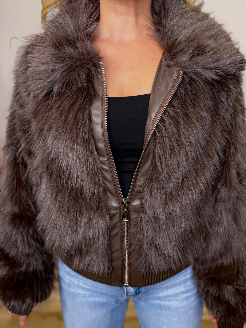 Brown Faux Fur Plush Zippered Jacket