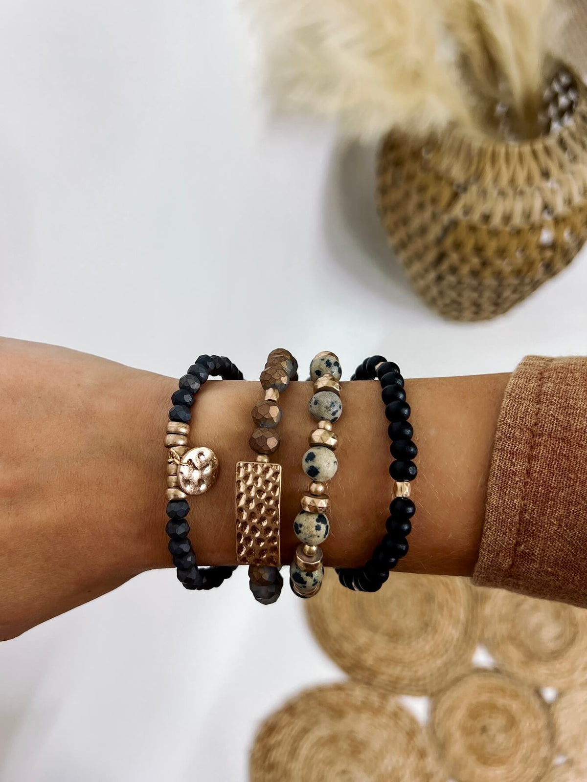 Dark Neutral Set of Four Beaded Stretch Bracelets with Hammered Pendants