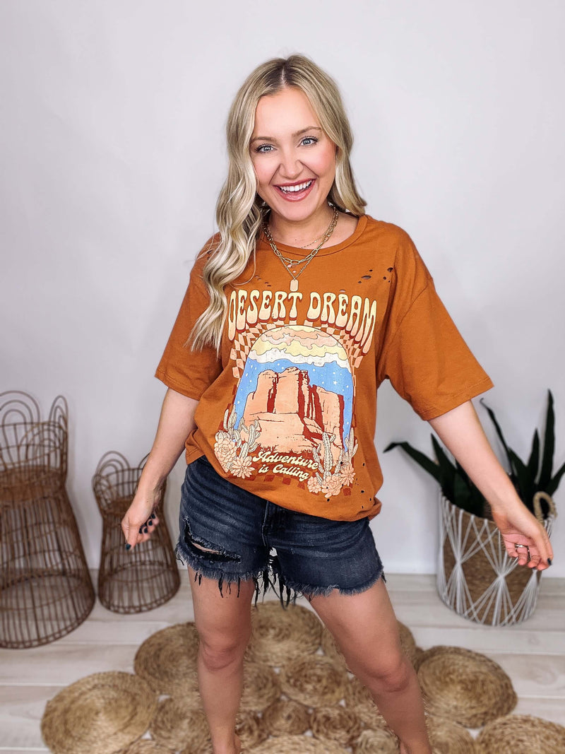 Distressed Retro Adventure is Calling Graphic Tee in Sienna