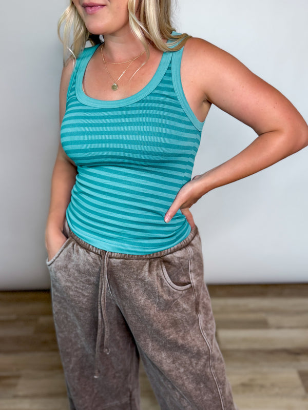 NIKIBIKI Dusty Teal Striped Ribbed Smoothing Tank Top