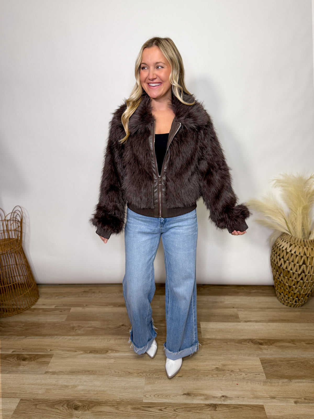 Brown Faux Fur Plush Zippered Jacket