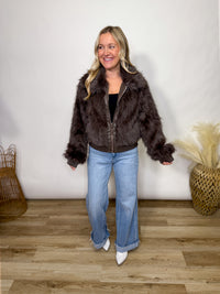 Brown Faux Fur Plush Zippered Jacket