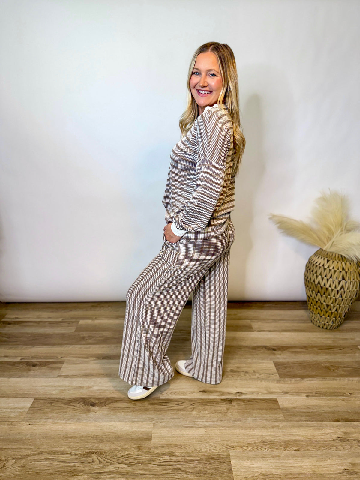 Mocha Striped Ribbed Long Sleeve Top and Wide Leg Matching Set