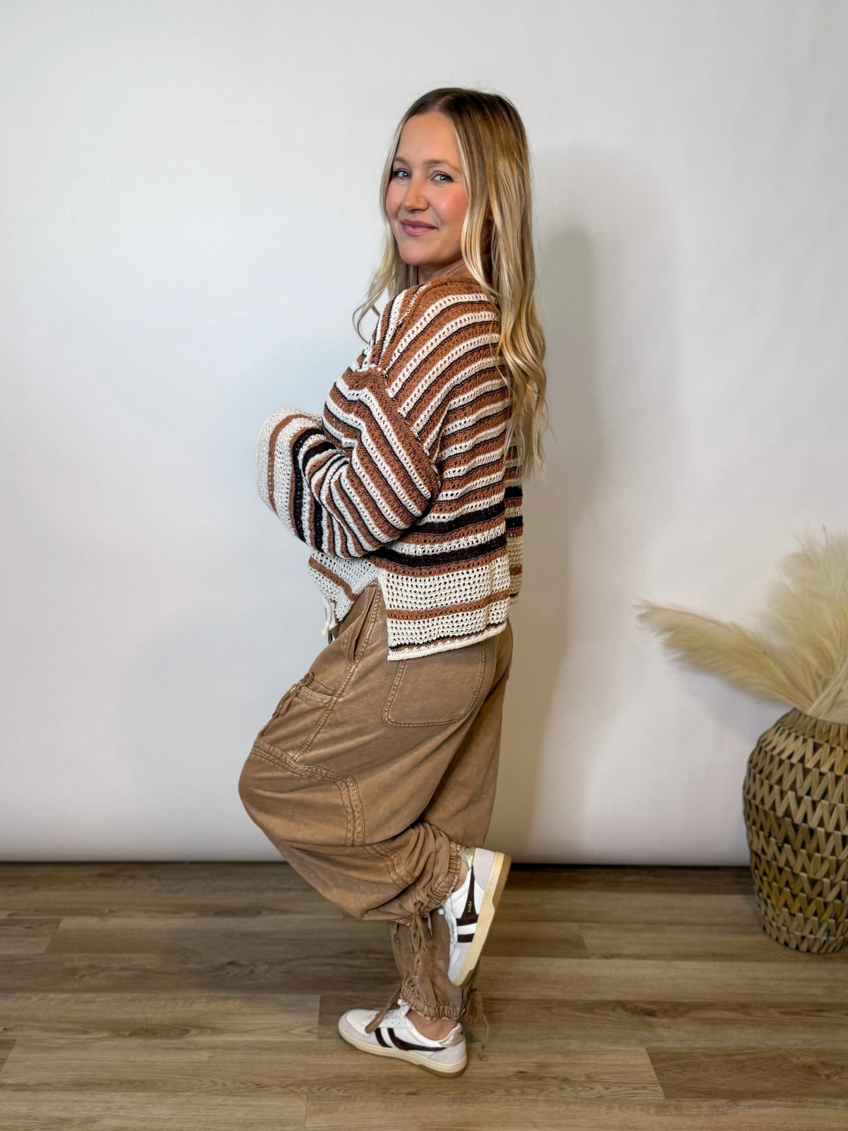Brown Mocha Striped Crochet Sweater