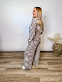 Mocha Striped Ribbed Long Sleeve Top and Wide Leg Matching Set