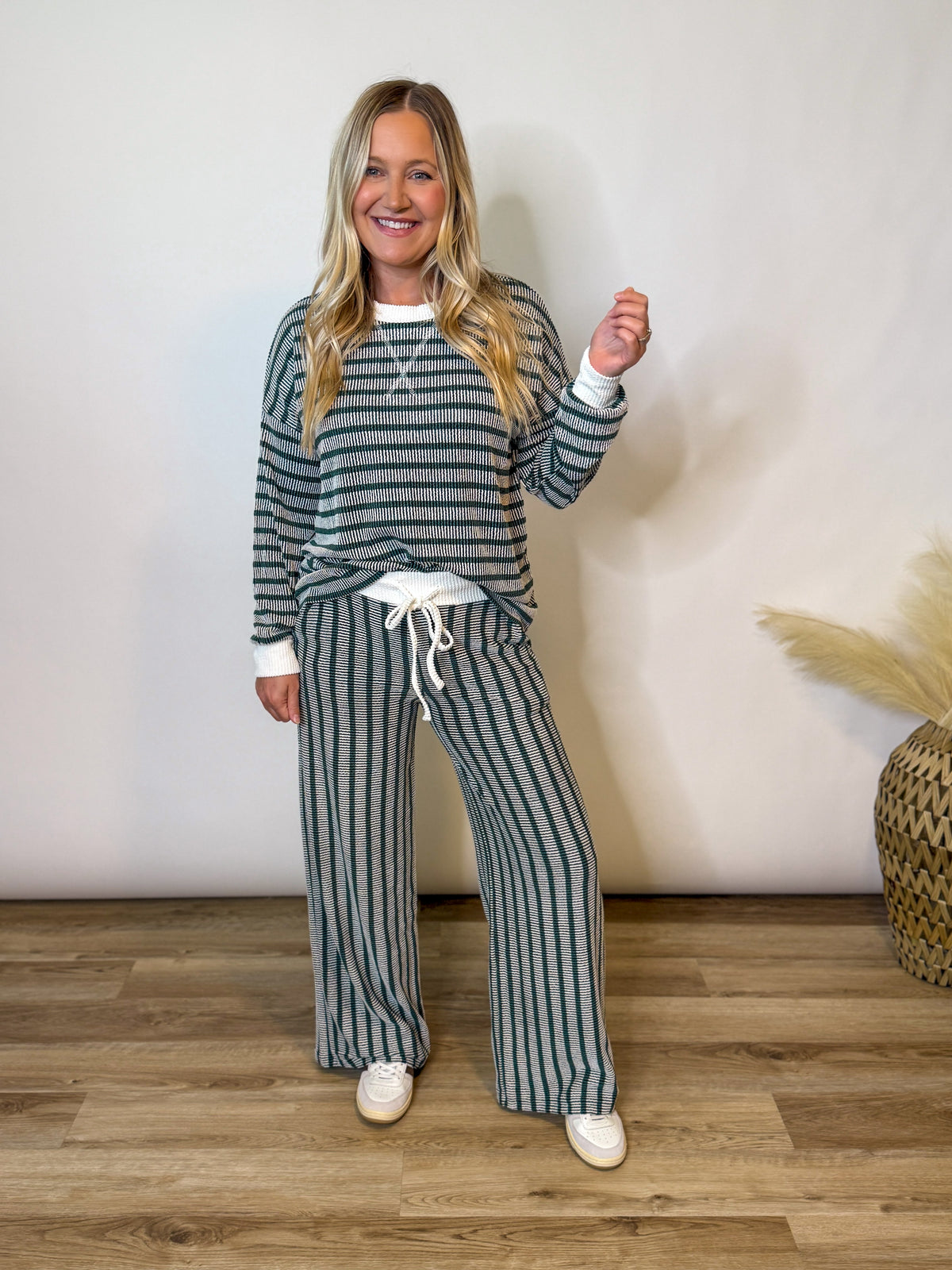 Hunter Green Striped Ribbed Long Sleeve Top and Wide Leg Matching Set
