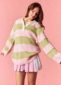 Pink + Sage Green Wide Stripe Oversized Spring Sweater