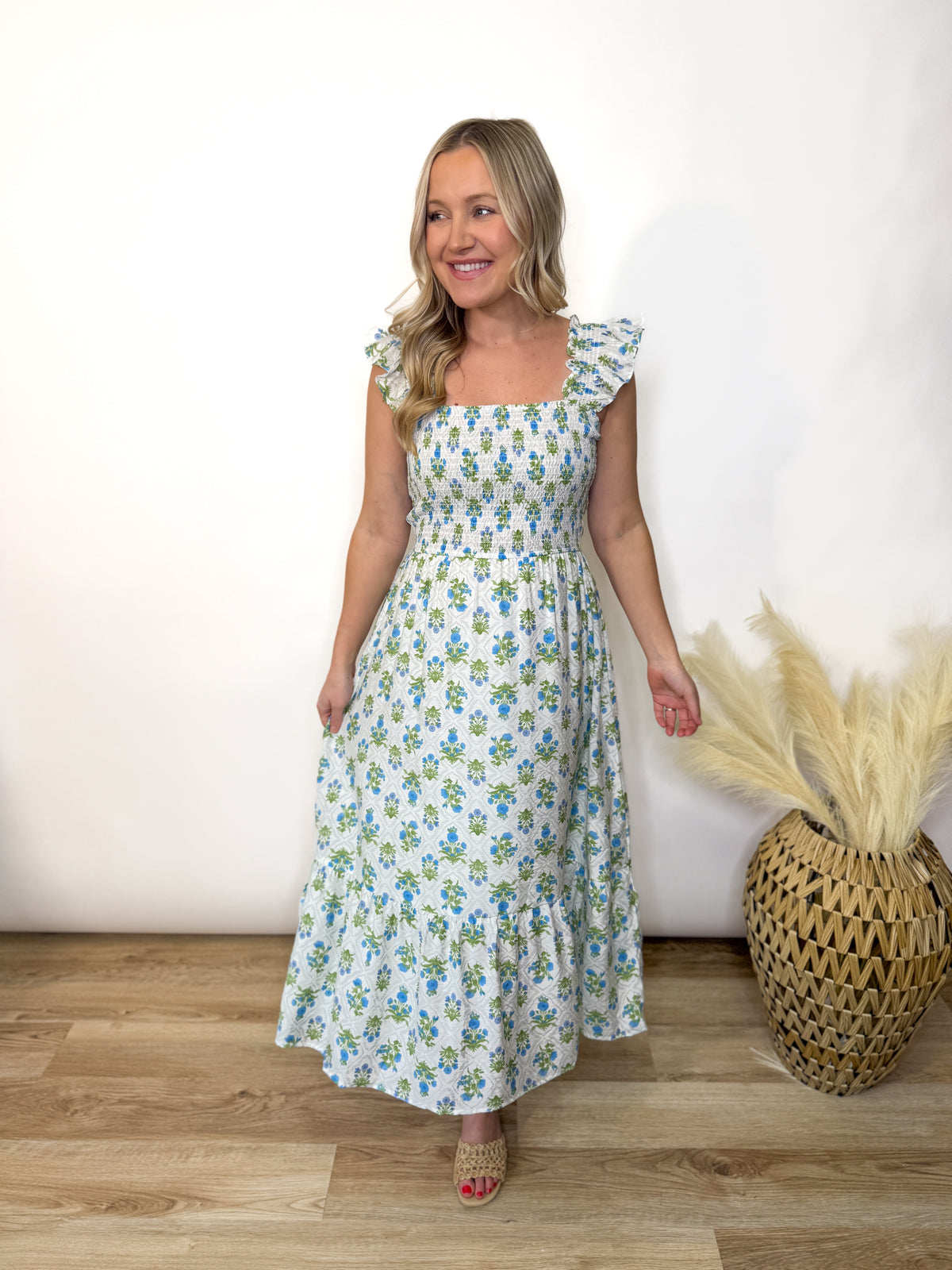 Azure Garden Boho Floral Smocked Midi Dress