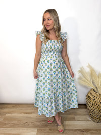 Azure Garden Boho Floral Smocked Midi Dress