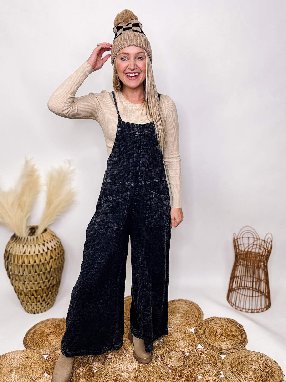 Easel Black Mineral Washed Wide Leg Overall Jumpsuit Adjustable Spaghetti Straps Back Tie Detail Front and Back Pockets Oversized Relaxed Loose Fit 100% Cotton
