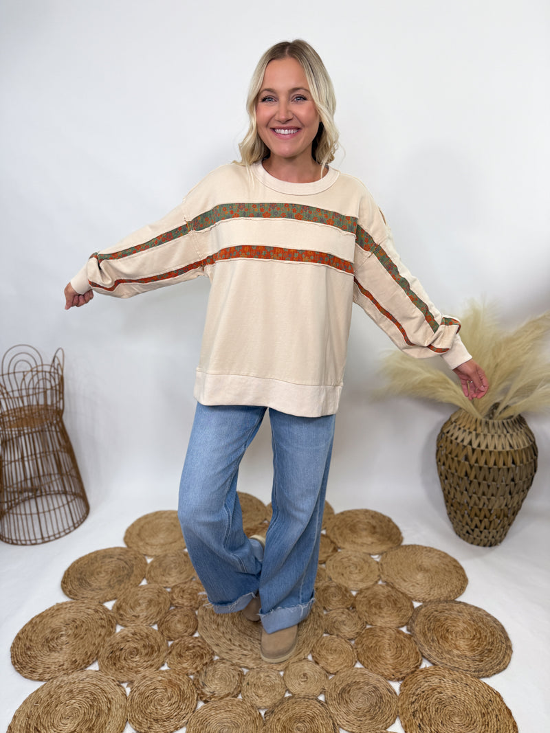 Easel boho fall floral stripes oversized pullover 