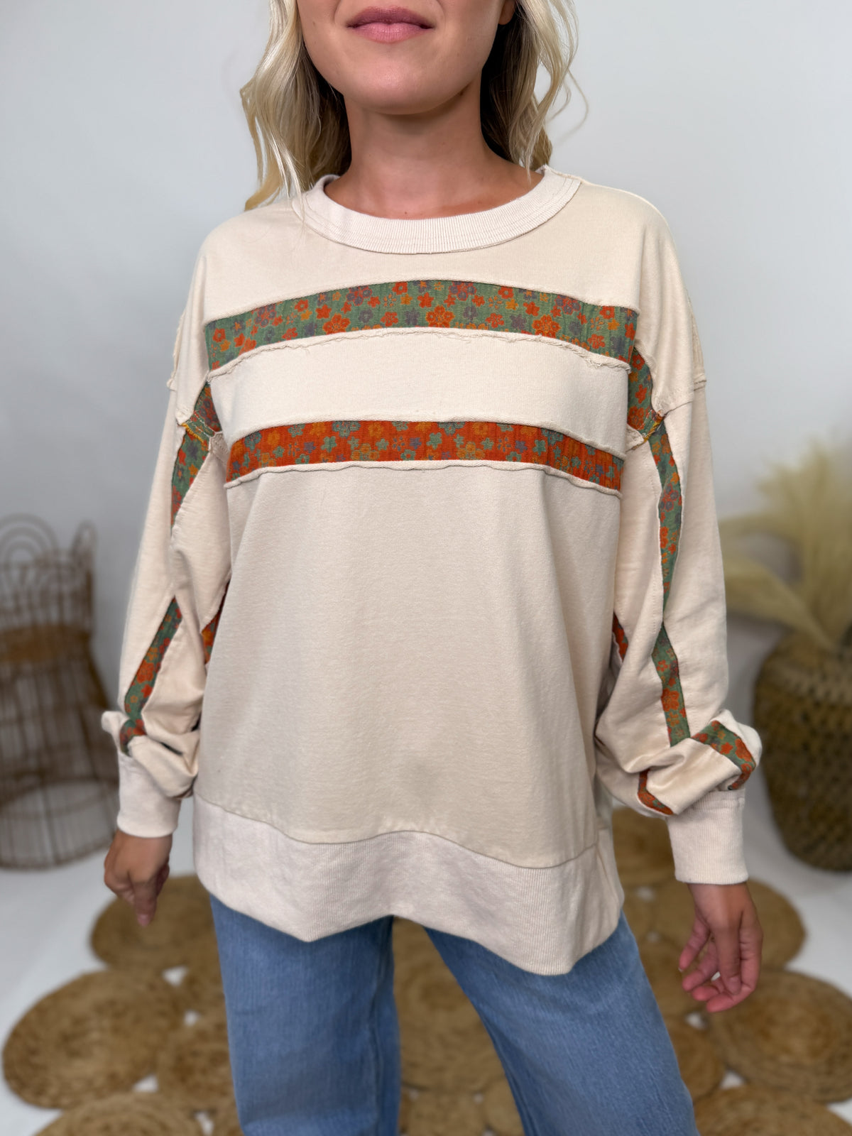 Easel boho fall floral stripes oversized pullover 