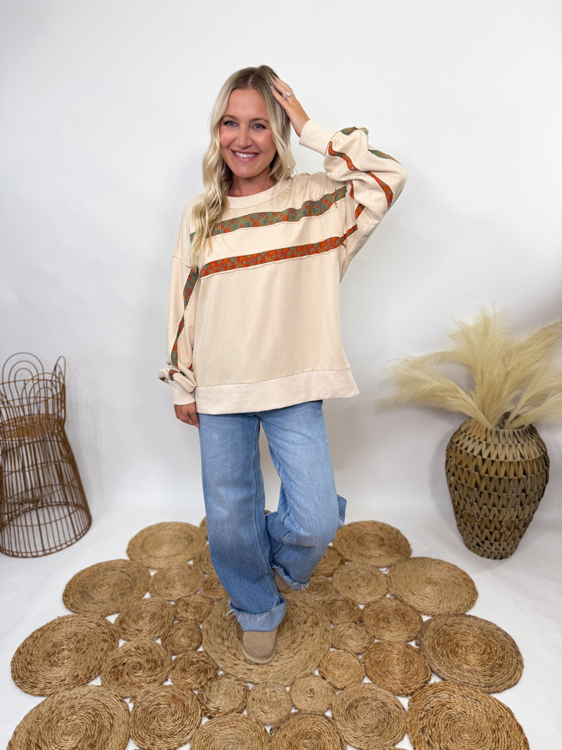 Easel boho fall floral stripes oversized pullover 